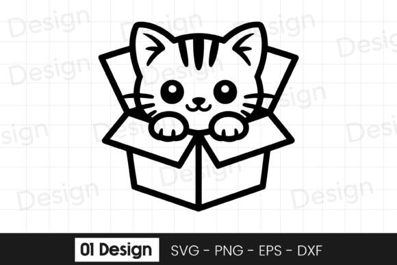 Cute Kitten in Box Outline SVG PNG