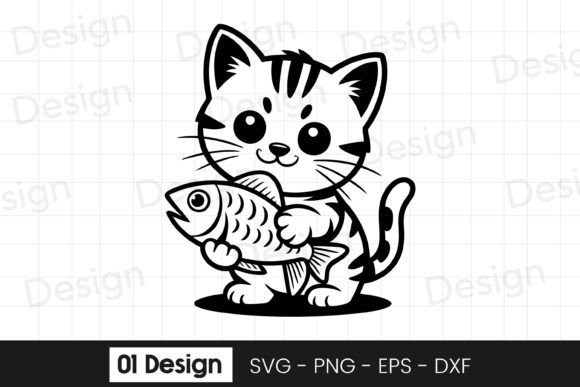 Cute Kitten with Fish Cartoon SVG PNG